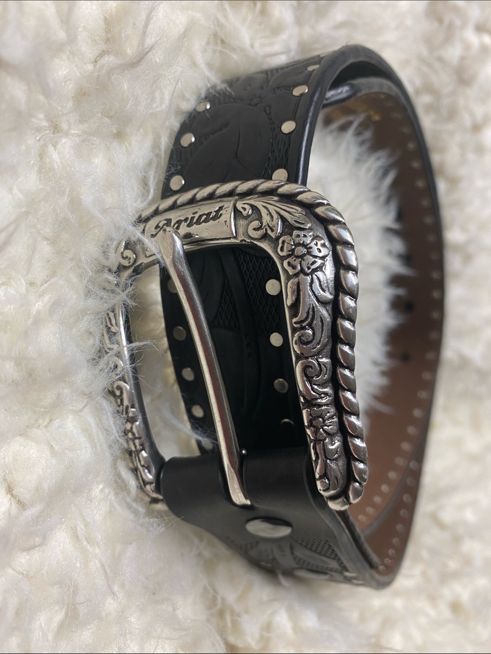 Ariat Black Genuine Leather Western/Biker Belt with Ornate Silver Buckle